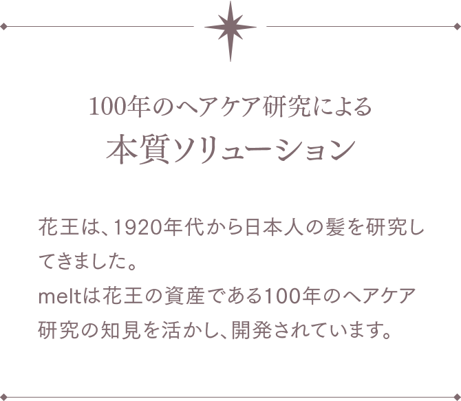 100年のヘアケア研究による本質ソリューション 花王は、1920年代から日本人の髪を研究してきました。meltは花王の資産である100年のヘアケア研究の知見を活かし、開発されています。