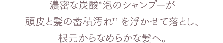 濃密な炭酸＊泡のシャンプーが頭皮と髪の蓄積汚れ＊1を浮かせて落とし、根元からなめらかな髪へ。
