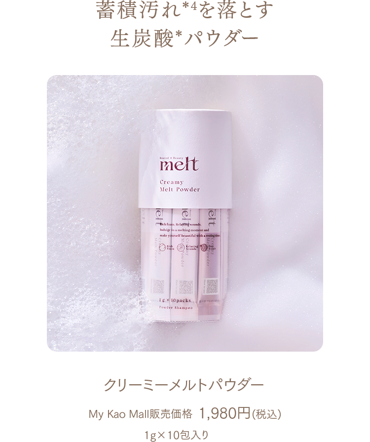 蓄積汚れ*4を落とす生炭酸*パウダー クリーミーメルトパウダー
My Kao Mall販売価格 1,980円(税込) 1g×10包入り