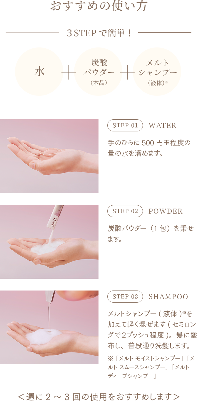おすすめの使い方 STEP01 WATER 手のひらに500円玉程度の量の水を溜めます。 STEP02 POWDER 炭酸パウダー(1包)を乗せます。 STEP03 SHAMPOO メルトシャンプー(液体)※を加えて軽く混ぜます(セミロングで2プッシュ程度)。髪に塗布し、普段通り洗髪します。※ 「メルト モイストシャンプー」「メルト スムースシャンプー」「メルト ディープシャンプー」 <週に2~3回の使用をおすすめします>