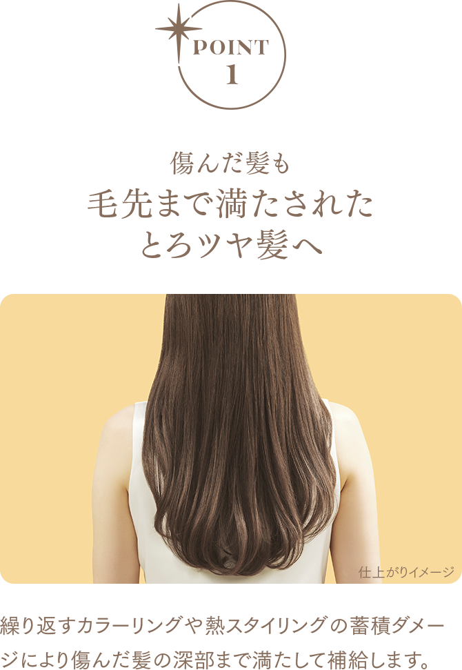 POINT1 傷んだ髪も 毛先まで満たされたとろツヤ髪へ 繰り返すカラーリングや熱スタイリングの蓄積ダメージにより傷んだ髪の深部まで満たして補給します。