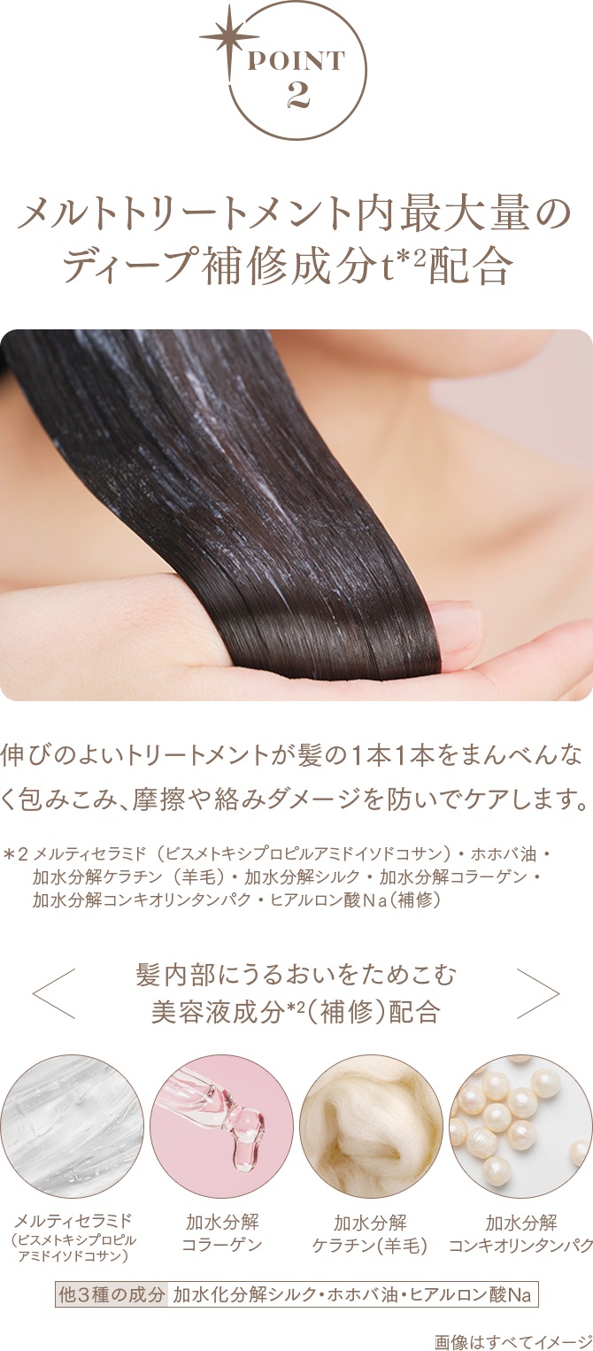 POINT2 メルトトリートメント内最大量のディープ補修成分t*2配合 伸びのよいトリートメントが髪の1本1本をまんべんなく包みこみ、摩擦や絡みダメージを防いでケアします。 *2 メルティセラミド(ビスメトキシプロピルアミドイソドコサン)・ホホバ油・加水分解ケラチン(羊毛)・加水分解シルク・加水分解コラーゲン・加水分解コンキオリンタンパク・ヒアルロン酸Na(補修)