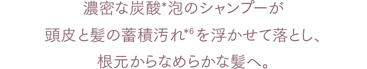 濃密な炭酸＊泡のシャンプーが
頭皮と髪の蓄積汚れ＊6を浮かせて落とし、
根元からなめらかな髪へ。